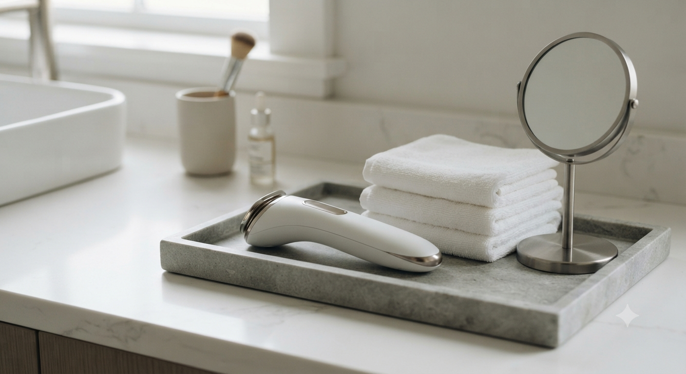 At-home beauty devices arranged on a marble tray
