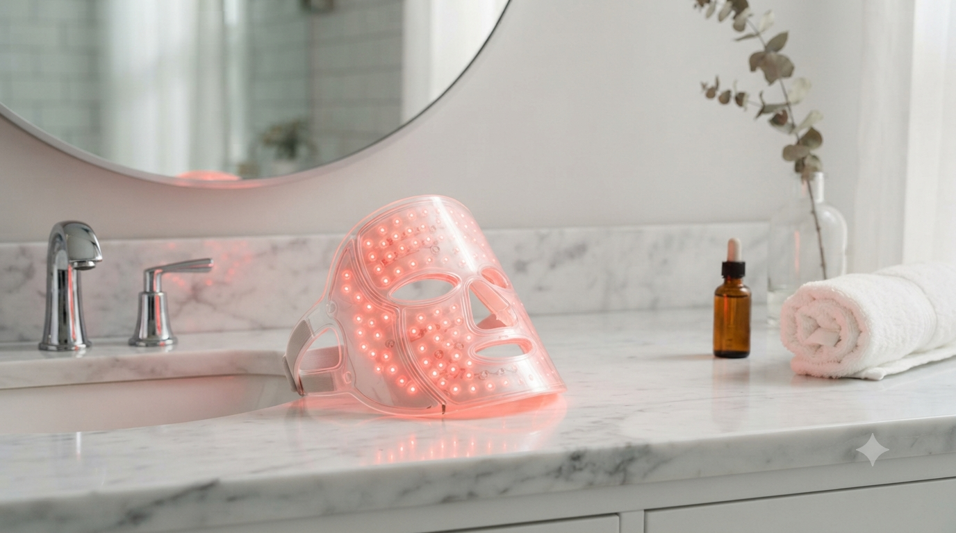 LED face mask glowing red on dark marble