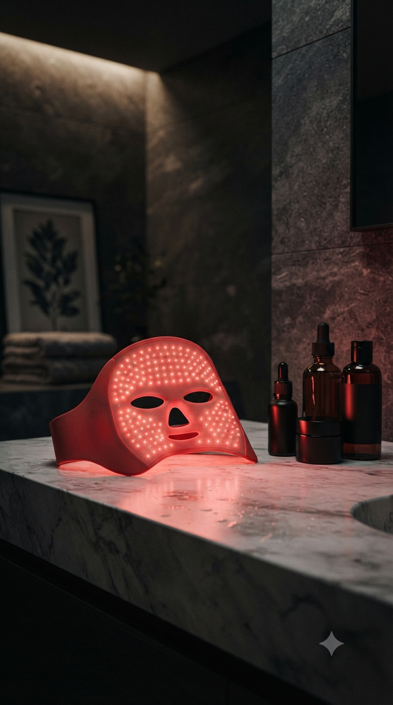LED face mask resting on a vanity in low red light